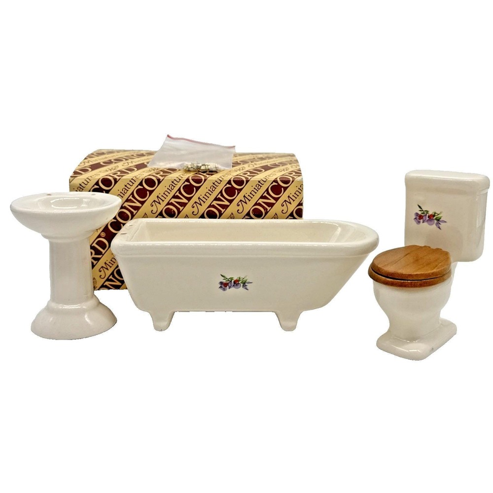 Vintage Concord Miniatures Dollhouse Bathroom 3pc Set Toilet Sink Tub Bone China
